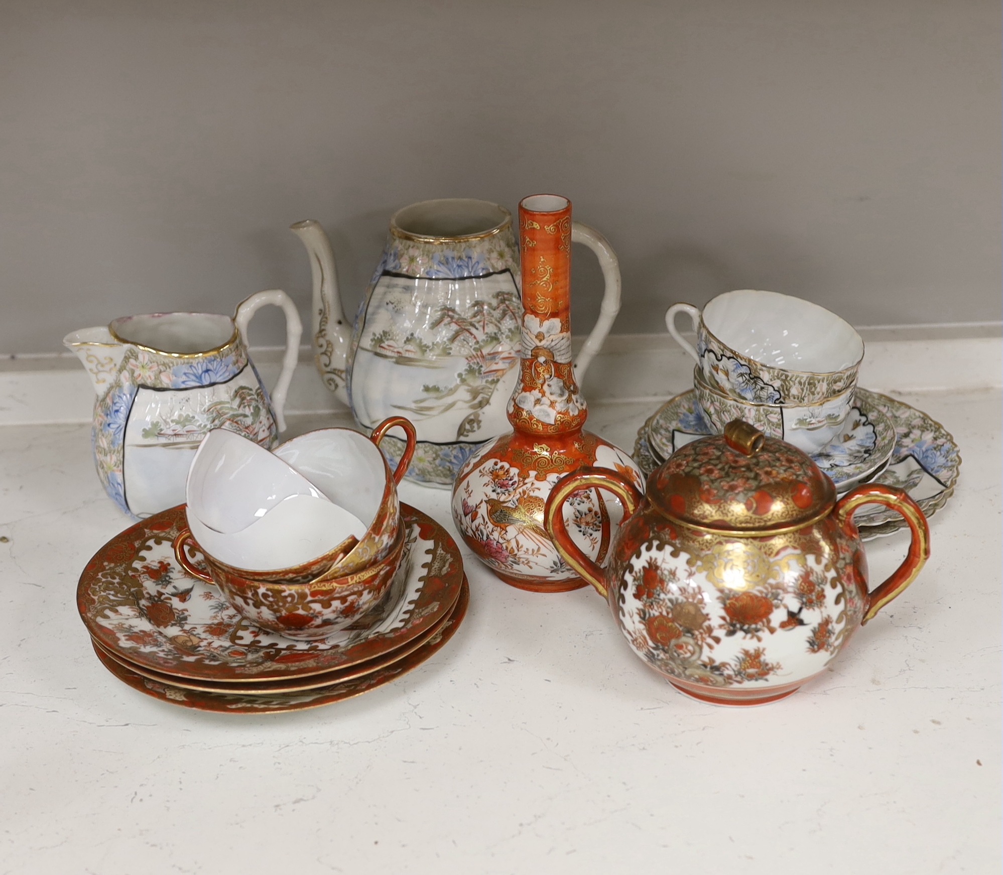 A group of Japanese ceramics, Meiji period, teapot (missing cover), jug, teacups, saucers, etc. (10)